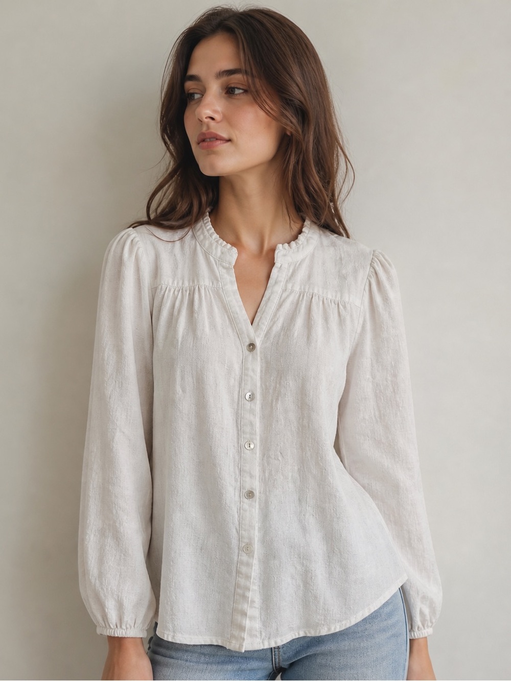 Anthropologie Lovestitch White v-Neck Textured ruffle collar Blouse size L